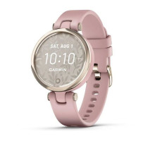 Garmin Lily Sport smartwatch with a cream-gold bezel, pink case, and silicone band