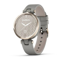Garmin Lily Classic smartwatch with a cream-gold bezel, gray case, and Italian leather strap