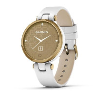 Garmin Lily Classic Light Gold smartwatch with a white case and Italian leather strap