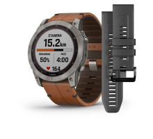 Garmin Fenix ​​7X Sapphire Solar Smartwatch in Titanium with a Chestnut Leather Strap