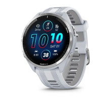 Garmin Forerunner 965 smartwatch with a titanium bezel, white case, and white and gray silicone strap