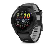 Garmin Forerunner 265 smartwatch with a black bezel and case and a black and gray silicone strap