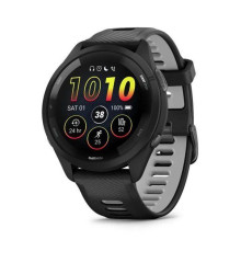 Garmin Forerunner 265 smartwatch with a black bezel and case and a black and gray silicone strap