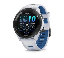 Garmin Forerunner 265 smartwatch with a black bezel, white case, and white and blue silicone strap