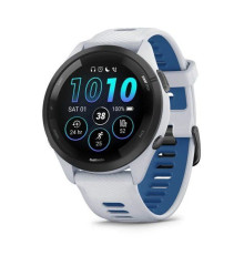 Garmin Forerunner 265 smartwatch with a black bezel, white case, and white and blue silicone strap