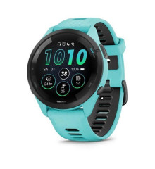 Garmin Forerunner 265 smartwatch with a black bezel, aqua case, and aqua-black silicone strap