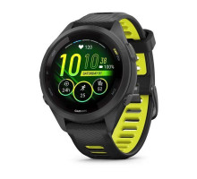 Garmin Forerunner 265s smartwatch with a black case and a black and yellow silicone strap