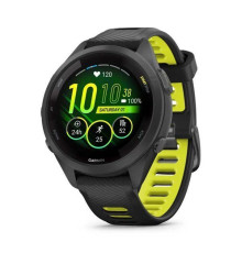 Garmin Forerunner 265s smartwatch with a black case and a black and yellow silicone strap