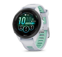 Garmin Forerunner 265s smartwatch with a black bezel, white case, and neotropical white silicone strap