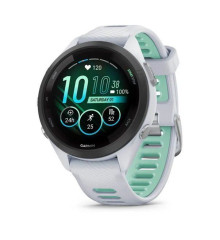 Garmin Forerunner 265s smartwatch with a black bezel, white case, and neotropical white silicone strap