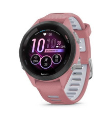 Garmin Forerunner 265s smartwatch with a black bezel, pink case, and pinkish-gray silicone band