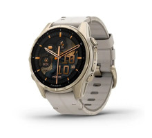 Смарт-годинник Garmin Fenix ​​8 – 43 мм, AMOLED Sapphire, золотистий зі шкіряним ремінцем кольору сірий вапняк