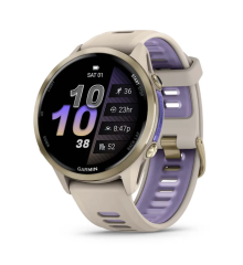 Смарт-часы Garmin Forerunner 970 с золотистым титановым безелем, серым корпусом и ремешком цвета французский серый/индиго